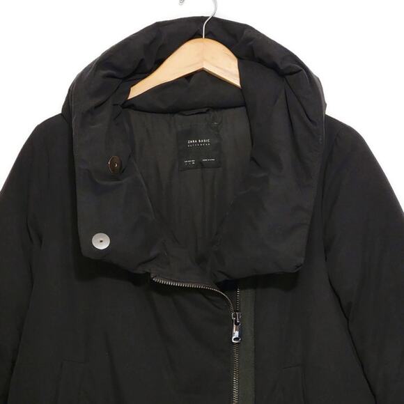 ZARA Basic Outerwear Black Hooded Zip Up Front Puffer Coat Jacket Size L - Picture 3 of 16
